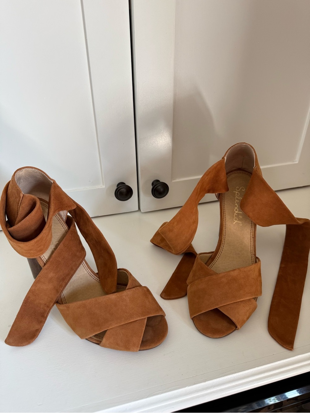 Splendid Tan Suede Ankle Wrap Block Heel Sandals - 8